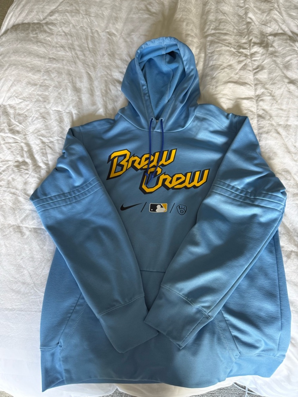 Nike Light Blue 'Brew Crew' Pullover Hoodie with Yellow Chest Script